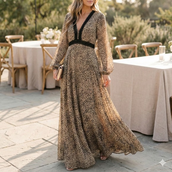 Baltic Born Dresses & Skirts - Baltic Born Cha Cha Maxi Dress M Taupe Leopard Black Lace Boho Wedding Guest